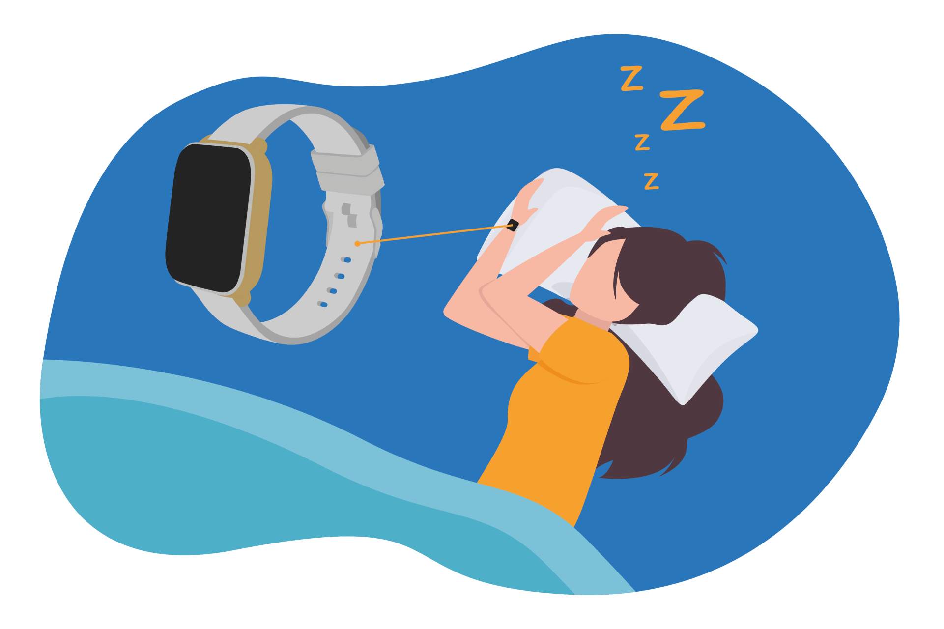 ilustração de uma pessoa dormindo com um relógio no pulso, que monitora o sono.