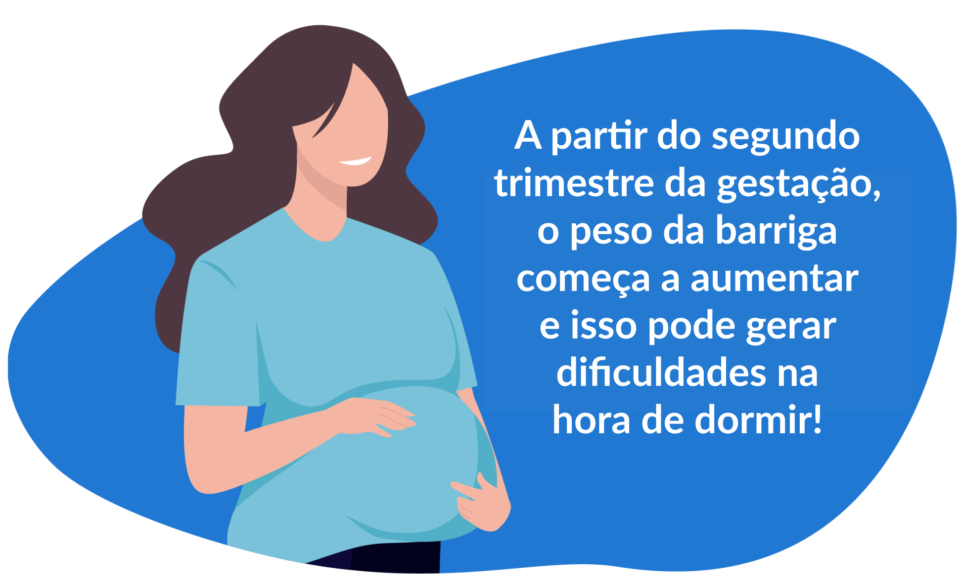 Mulher grávida + texto sobre o peso da barriga aumentar no segundo trimestre, o que dificulta o sono