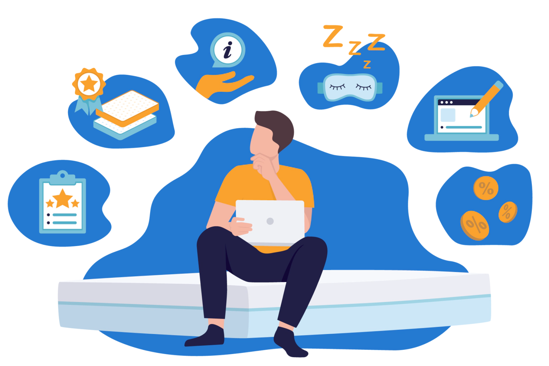 Ilustração de uma pessoa sentada no colchão, pensativa, com um computador no colo, e diversos elementos relacionados à compra de produtos para o sono em volta dela (selos de qualidade, informação, pesquisa, dinheiro, etc).