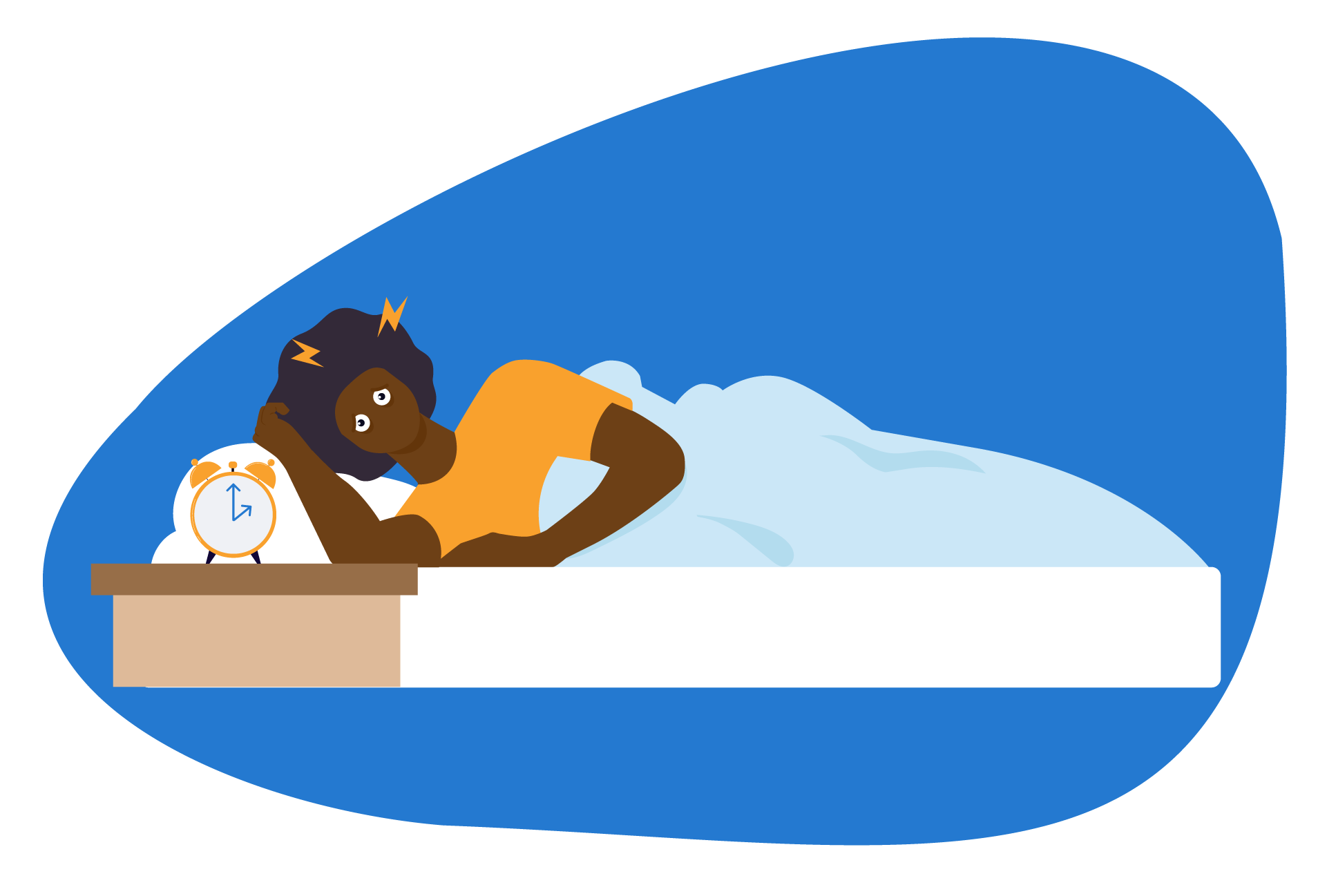 Ilustração de uma pessoa deitada na cama sem conseguir dormir, ao lado de um despertador.