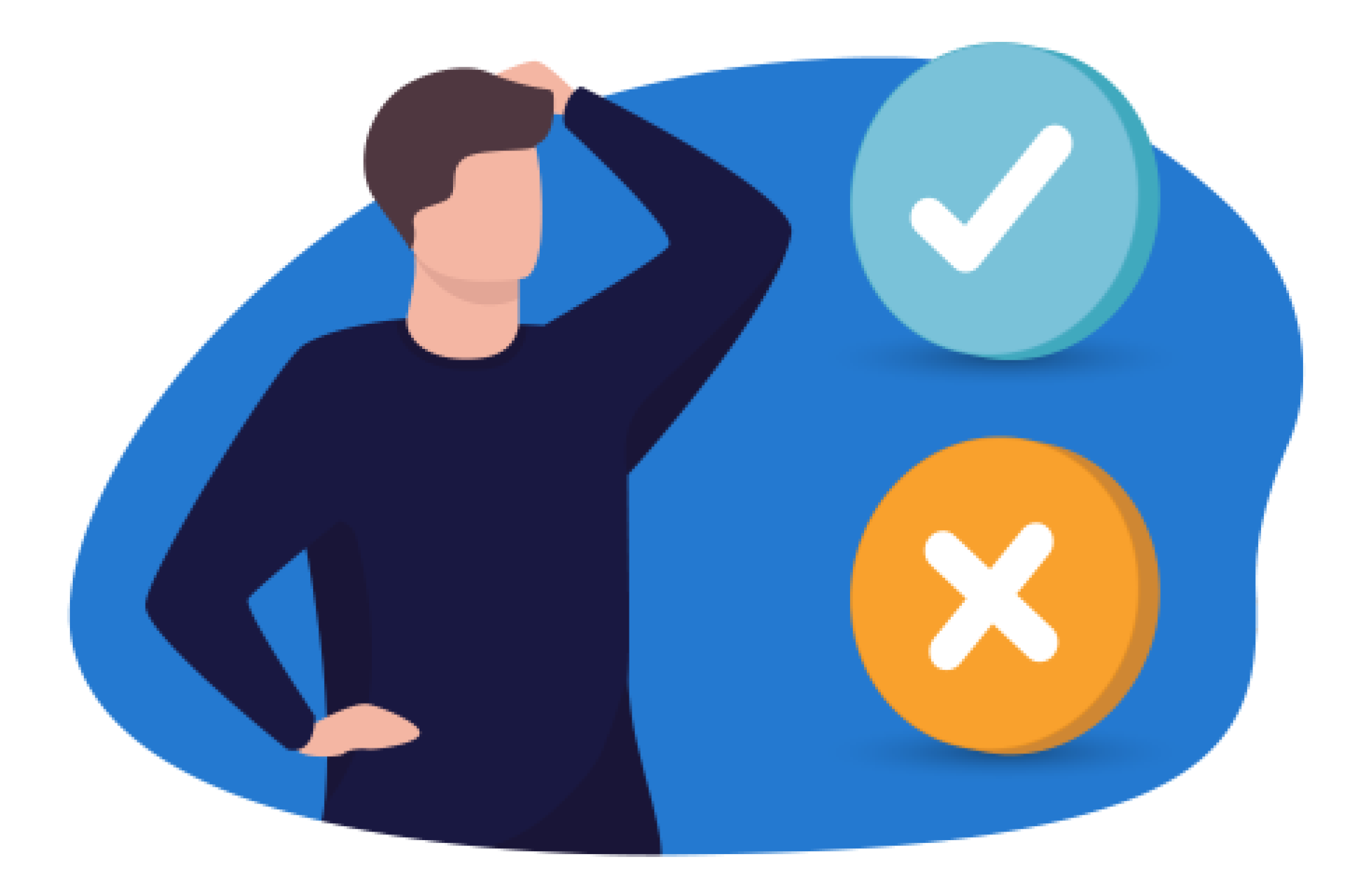 Desenho de homem com dúvida, trazendo mão à cabeça, e sinais de "positivo e negativo" ao lado.