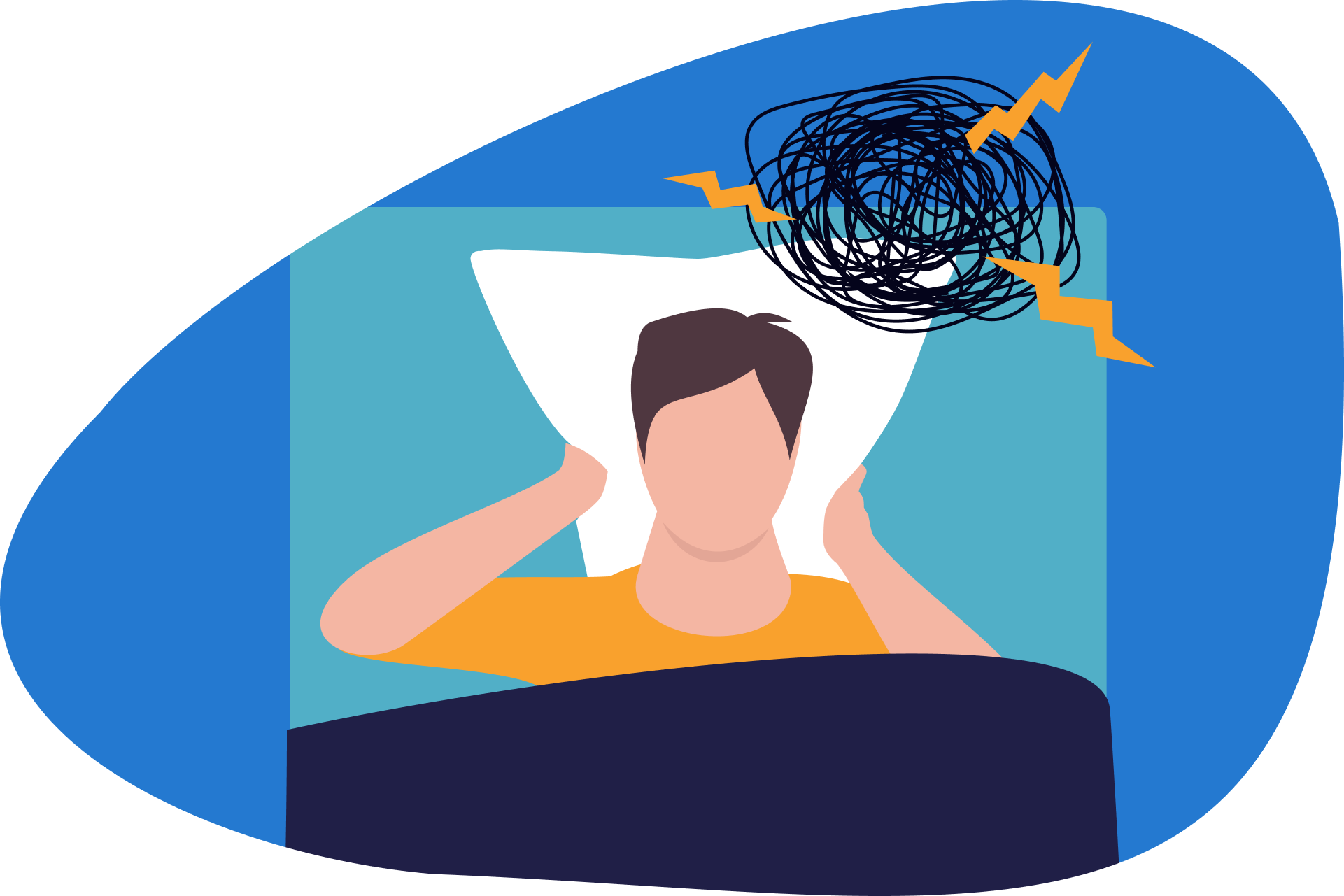 Ilustração de uma pessoa deitada na cama, tentando dormir sem sucesso, levando as mãos ao rosto, com raios sobre a cabeça