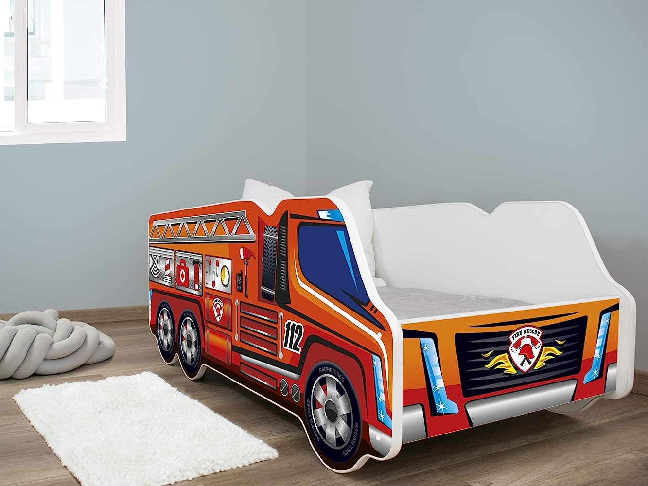 Lit pour Enfant en Bois 90 x 200 cm Camion de Pompier Rouge - Vipack