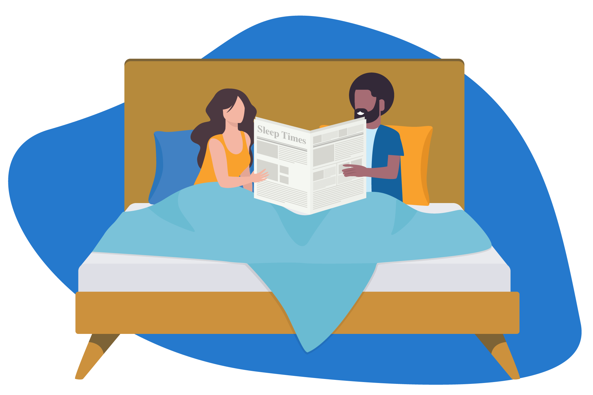 Ilustração de um casal sentado na cama, lendo um jornal com o título “Sleep Times”.
