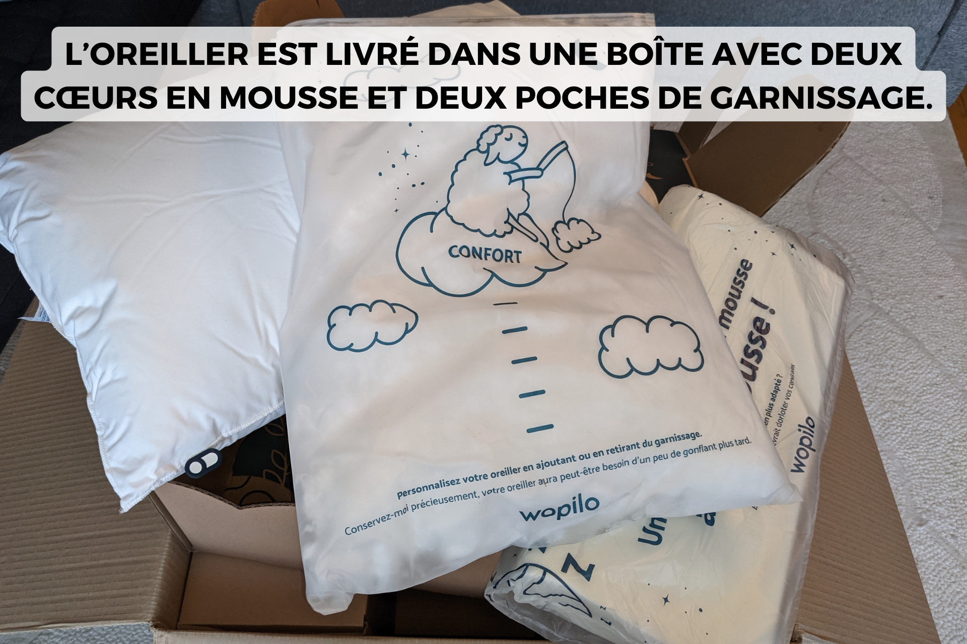 déballage de la boîte de l'oreiller Wopilo Plus